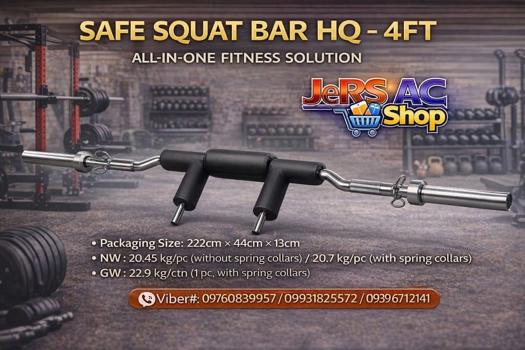Safe Squat Bar HQ - 4FT (Category: Weights & Dumbbells) located in Manila. Submitted by simborios022535 (Listing ID 1423706920, Image 1). Description: - Safe Squat Bar HQ - 4FT - Packaging Size: 222cm x 44cm x 13cm - Net Weight: 20.45 kg (without spring collars) / 20.7 kg (with spring collars) - Gross Weight: 22.9 kg (with spring collars) .