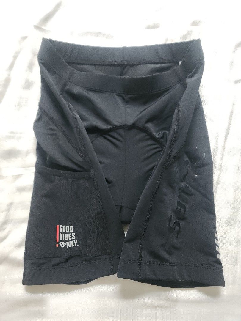 Santic Cycling Shorts - Good Vibes Only (Category: Activewear) located in Mandaluyong City. Submitted by eayoh (Listing ID 1423643195, Image 2). Description: - Black Santic cycling shorts - Features "Good Vibes Only" print on the leg - Made of stretchy, athletic material - Santic logo on the waistband - Padded seat for added comfort.