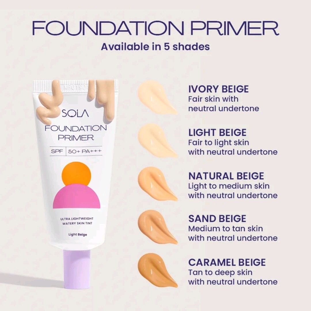 SOLA Foundation Primer SPF50+ PA+++ (Category: Makeup) located in Quezon City. Submitted by krstncl (Listing ID 1423716896, Image 1). Description: Shade: Sand Beige With box :).