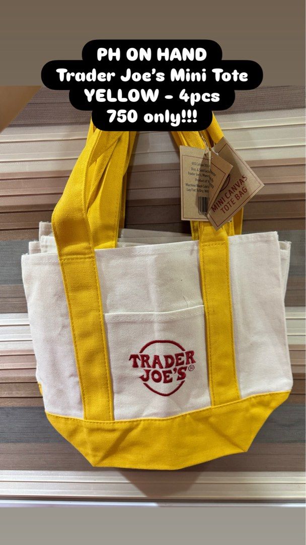 Trader Joe’s Mini Tote - Yellow (Category: Tote Bags) located in Tarlac. Submitted by declutter_queen_e (Listing ID 1423738340, Image 1). Description: 4pcs avail.