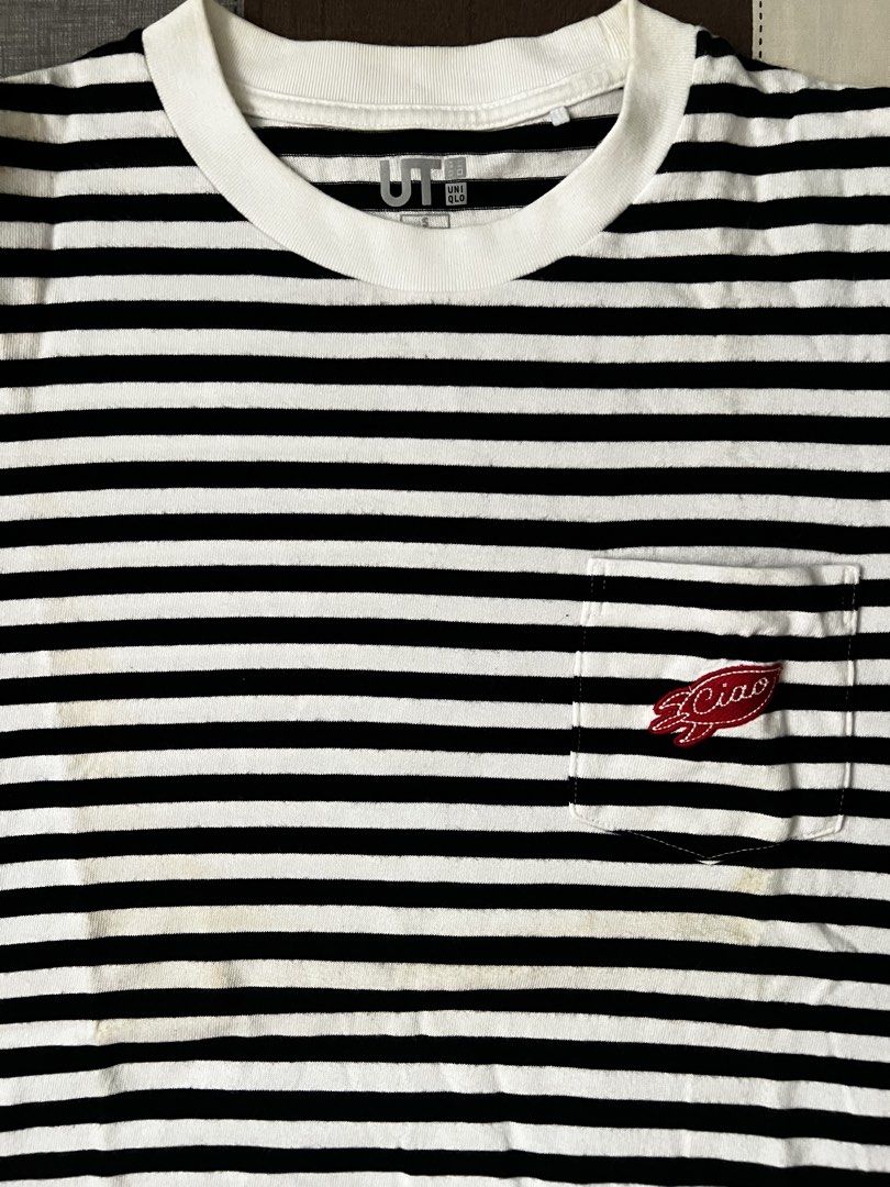 Uniqlo UT Ciao Striped Pocket Tee (Category: Tshirts & Polo Shirts ) located in Pasig City. Submitted by dawgshow (Listing ID 1423625608, Image 2). Description: - Uniqlo UT t-shirt - Classic black and white stripes - White crew neck - Features a small chest pocket with 'Ciao' logo - Standard fit, short sleeves - Made from a lightweight cotton blend - Ideal for everyday casual wear - Condition: Slight discoloration in midpart since due to storage 