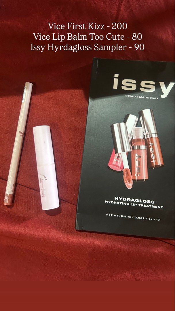 Vice, Issy Lip Products (Category: Makeup) located in Las Pinas. Submitted by dsppp (Listing ID 1423719591, Image 1). Description: - Vice Lip Balm 'Too Cute' - Php80 - Issy Hydragloss Sampler - Php90 - Vice First Kizz - Php200.