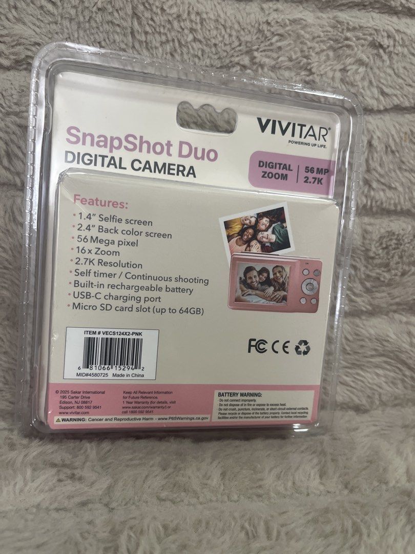 Vivitar SnapShot Duo Digital Camera (Category: Cameras) located in Pasig City. Submitted by jundbaptist21 (Listing ID 1423689230, Image 2). Description: Vivitar SnapShot Duo Digital Camera features a 1.4" selfie screen and a 2.4" back color screen. It has 56 megapixels, 16x zoom, and 2.7K resolution. It also includes a self-timer, continuous shooting, a built-in rechargeable battery, a USB-C charging port, and a micro SD card slot (up to 64GB). F