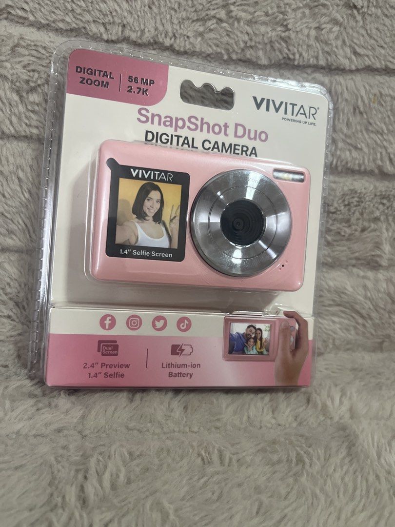 Vivitar SnapShot Duo Digital Camera (Category: Cameras) located in Pasig City. Submitted by jundbaptist21 (Listing ID 1423689230, Image 1). Description: Vivitar SnapShot Duo Digital Camera features a 1.4" selfie screen and a 2.4" back color screen. It has 56 megapixels, 16x zoom, and 2.7K resolution. It also includes a self-timer, continuous shooting, a built-in rechargeable battery, a USB-C charging port, and a micro SD card slot (up to 64GB). F