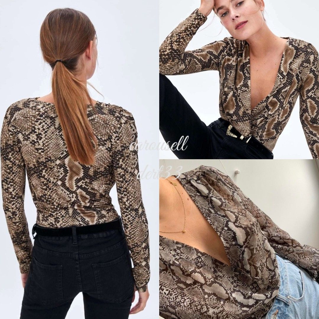 🇺🇸Zara Snake Print Bodysuit (Category: Others Tops) located in Baguio. Submitted by dert33 (Listing ID 1423764172, Image 2). Description: - Zara snake print bodysuit - Plunging V-neck - Long sleeves - Form-fitting design - Stretchy material - Dress it up or down - Chic and stylish.