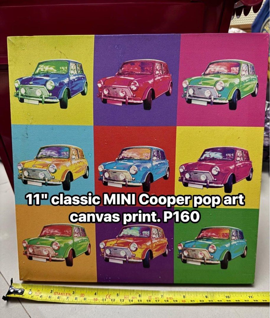 11" Classic Mini Cooper Pop Art Canvas Print (Category: Art & Prints) located in Mandaluyong City. Submitted by elainelawenko (Listing ID 1423886340, Image 1). Description: - 11-inch canvas print - Features a pop art design of classic Mini Cooper cars - Showcases cars in various colors - Vibrant background - Great for car enthusiasts or wall decor - Price: P160.