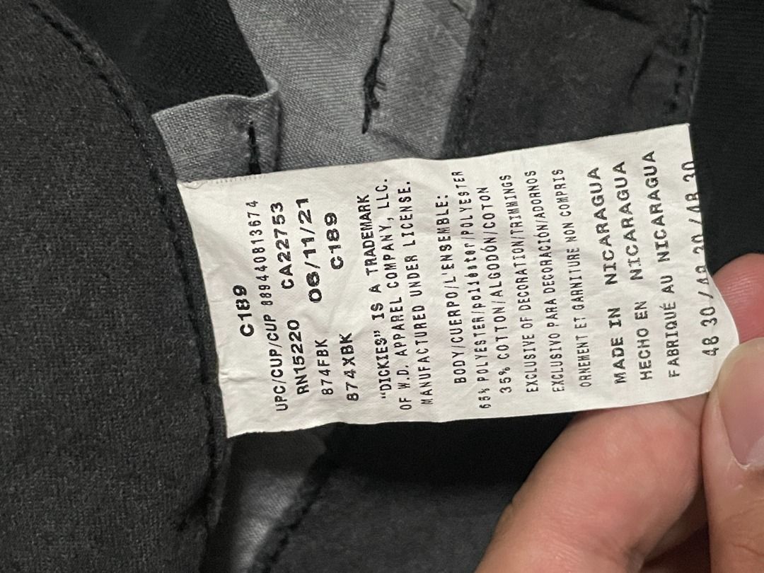 2 Pcs Dickies 874 (1) Original Fit + (1) 874FLEX (Category: Trousers) located in Silang. Submitted by pau_sober (Listing ID 1423882328, Image 3). Description: (1) Dickies 874 Black 48(waist) x 30(inseam) on tag 14 inches thigh 16 inches rise Used Condition 6/10 issue: tastas sa leg opening (see last photo) 500 + shipping (2) Dickies 874 Flex Black No tag 22 inch waist x 30 inch inseam 15.5 inch rise Used Condition 6/10 500 + shipping 500 EACH PO 
