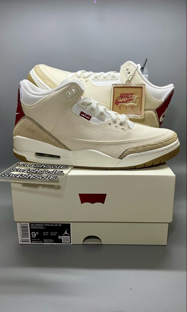 Air Jordan 3 LEVIS Ecru Denim (Category: Sneakers) located in Pasig City. Submitted by swishsole (Listing ID 1423882376, Image 1). Description: - Air Jordan 3 LEVIS ECRU DENIM - Size: 9.5 - Upper: Cream canvas with red accents - Sole: Gum - Includes: Extra black and red laces, Levi's hangtag, and original box - Brandnew on hand with receipt Location: Pasig Shipping fee at Buyers Cost LALAMOVE same day delivery within metro manila LBC , J&T, JRS N