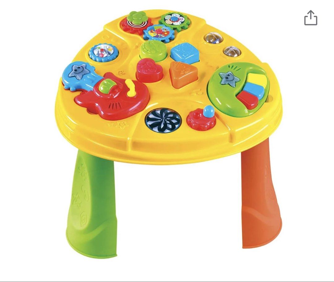 Baby Activity Table (Category: Infant Playtime) located in Roxas City. Submitted by sherien22 (Listing ID 1423845825, Image 1). Description: - Interactive activity table for babies. - Features buttons, shapes, and musical components. - Bright yellow surface with multi-colored features. - Sturdy legs for stability. - Designed for early childhood development and play..