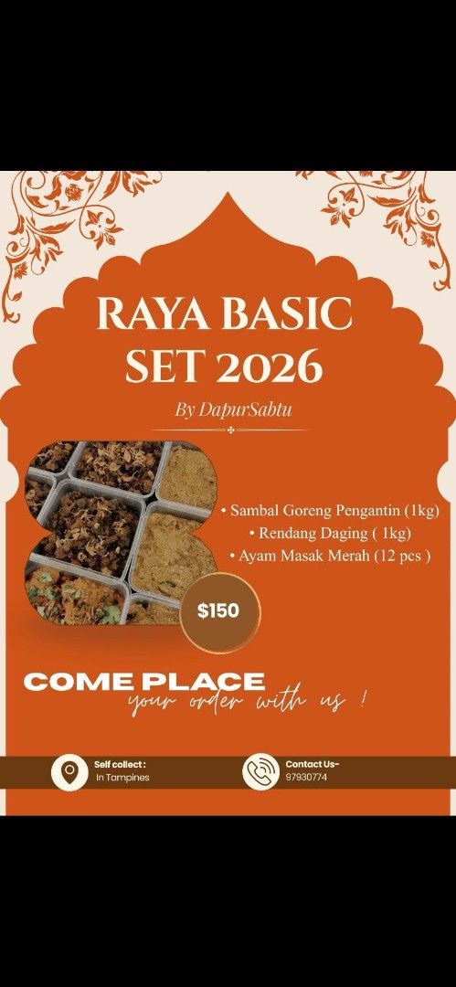 Basic Raya Set (Category: Local Eats) located in Singapore. Submitted by anyhowonlyy (Listing ID 1423834233, Image 1). Description: Salam Ramadan Kareem.. This yr we are only opening 10 slots for Basic Raya Set or Ala carte Sambal Goreng Pengantin, do let us know if u would like to reserve ur order with us.. Thank u Dm or ws us at 97930774.