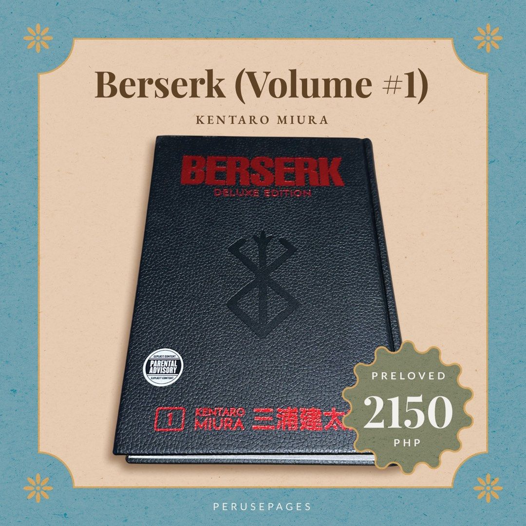 Berserk Deluxe Edition Volume 1 (Category: Comics & Manga) located in Pasig City. Submitted by seokchinicart (Listing ID 1423793396, Image 1). Description: - Berserk Deluxe Edition Volume 1 - By Kentaro Miura - Features the iconic Berserk logo and artwork - Includes parental advisory sticker - Preloved condition - Includes barcode and publisher information.