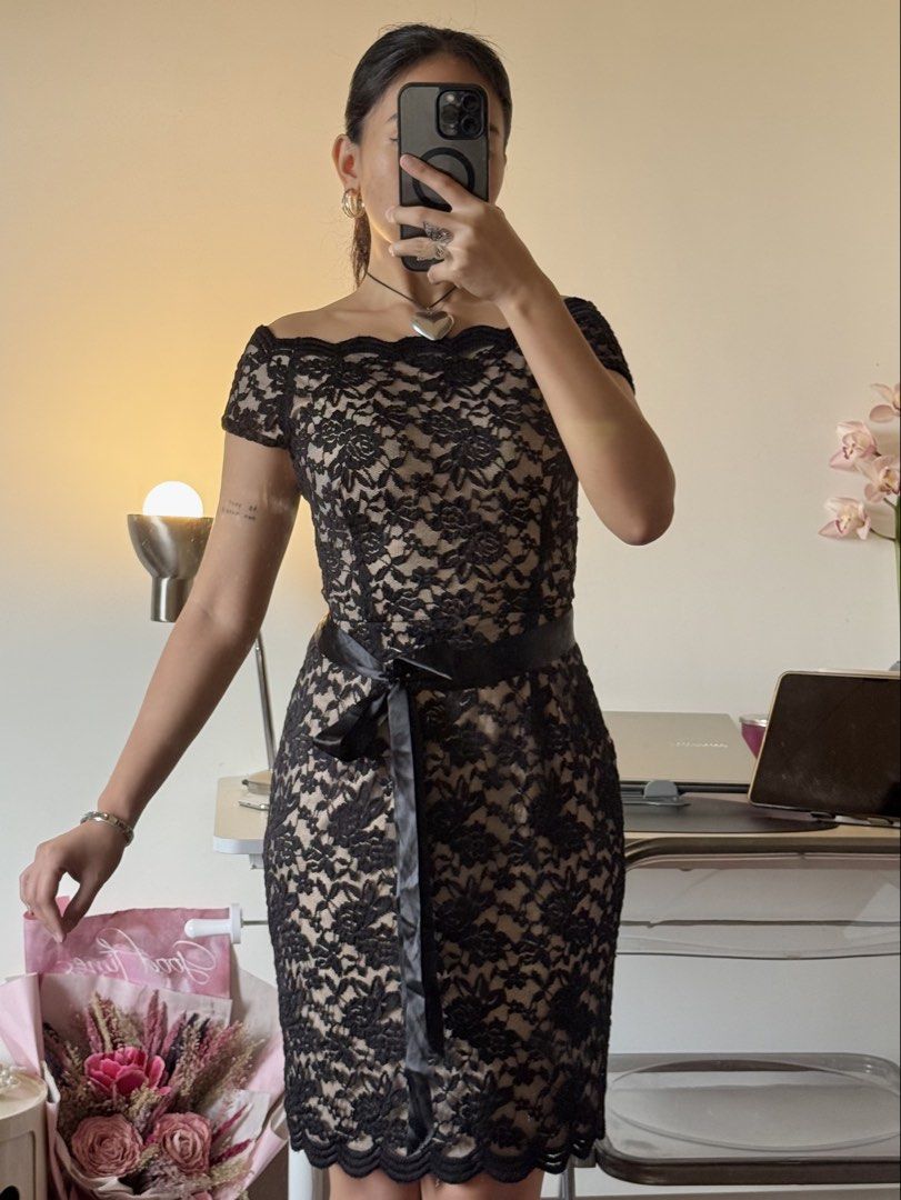 Black Lace Off-Shoulder Midi Dress (Category: Dresses) located in Baguio. Submitted by jhas___archived (Listing ID 1423923673, Image 3). Description: - Fits small frame but best fit to medium frame - Elegant black lace dress - Off-shoulder neckline - Fitted silhouette - Satin ribbon belt (cinches waist) - Scalloped hemline - Short sleeves - Perfect for special occasions.