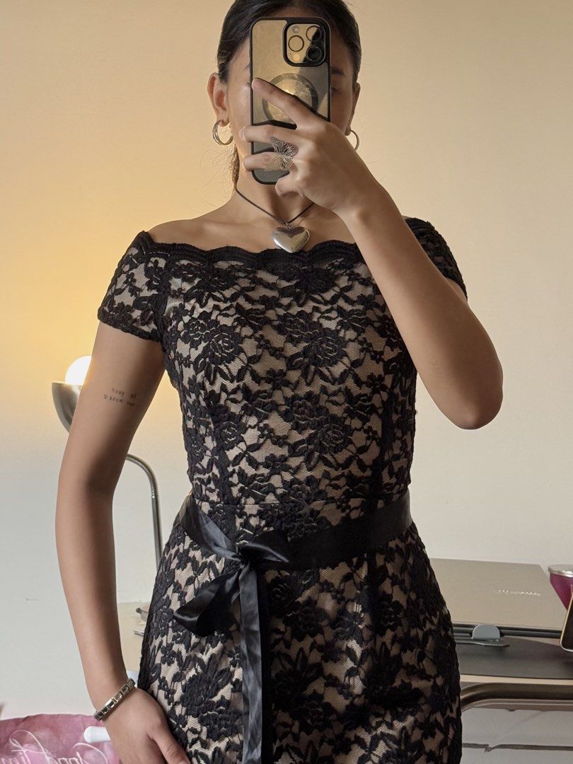 Black Lace Off-Shoulder Midi Dress (Category: Dresses) located in Baguio. Submitted by jhas___archived (Listing ID 1423923673, Image 2). Description: - Fits small frame but best fit to medium frame - Elegant black lace dress - Off-shoulder neckline - Fitted silhouette - Satin ribbon belt (cinches waist) - Scalloped hemline - Short sleeves - Perfect for special occasions.
