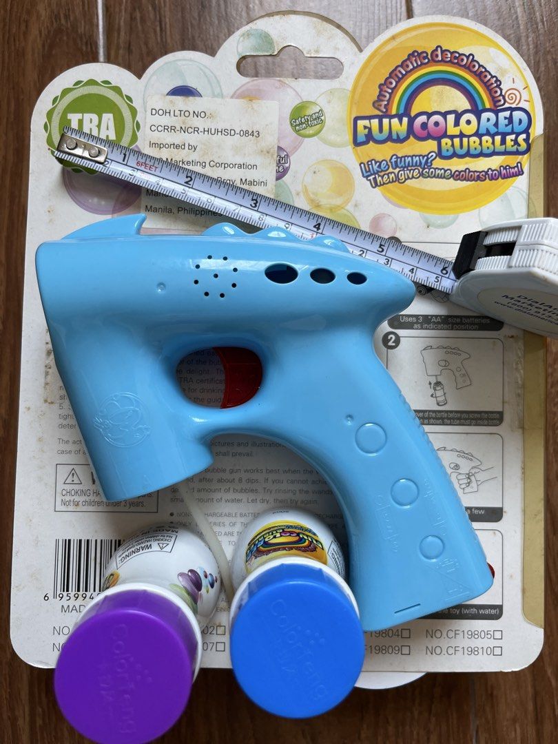 Bubble Gun (needs 3 AA battery) (Category: Kids Toys) located in Muntinlupa City. Submitted by pg53934 (Listing ID 1423805950, Image 1). Description: - Fun Colored Bubbles bubble gun. Pull trigger and it shoots bubbles - Includes two bottles of bubble solution - needs 2 AA batteries not included .