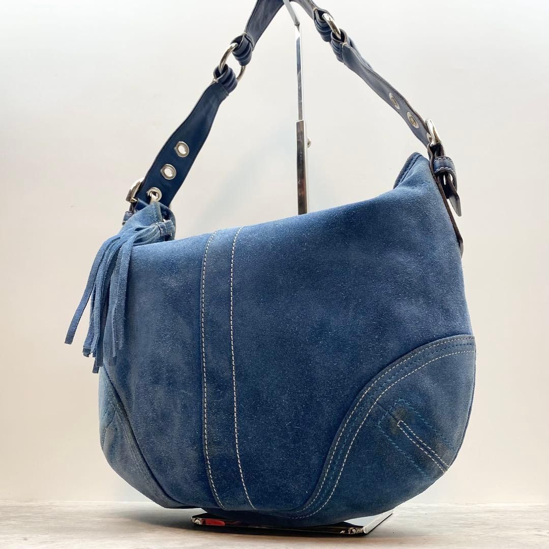 COACH Hobo Bag Suede Shoulder Bag Fringe Tassel Blue 