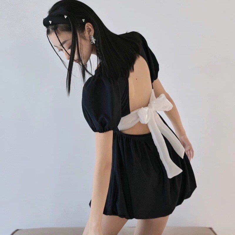 Conservative One Piece Swimwear (Category: Bikinis & Swimsuits) located in Manila. Submitted by thepasabuygurlie (Listing ID 1423798402, Image 2). Description: - Black dress swimwear - Puff sleeves - Square neckline - Bow detail at the back - Velvet panel on bodice - Size: L (best fit for Small to Medium frame) - Size chart provided in images. Please refer to the size chart for measurements..