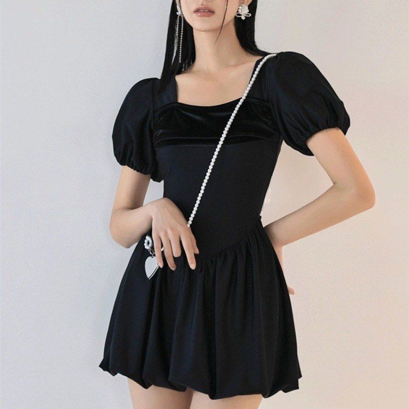 Conservative One Piece Swimwear (Category: Bikinis & Swimsuits) located in Manila. Submitted by thepasabuygurlie (Listing ID 1423798402, Image 1). Description: - Black dress swimwear - Puff sleeves - Square neckline - Bow detail at the back - Velvet panel on bodice - Size: L (best fit for Small to Medium frame) - Size chart provided in images. Please refer to the size chart for measurements..