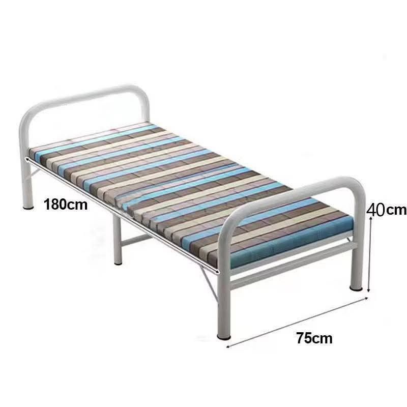FOLDING BED (Category: Bed Frames & Mattresses) located in Manila. Submitted by haideshop (Listing ID 1423905812, Image 1). Description: Foldable single bed is perfect for small spaces. It's easy to set up and fold away for storage. The bed has a striped mattress and a sturdy white metal frame. It's portable and requires no installation. Dimensions are approximately 180cm long, 75cm wide, and 40cm high..