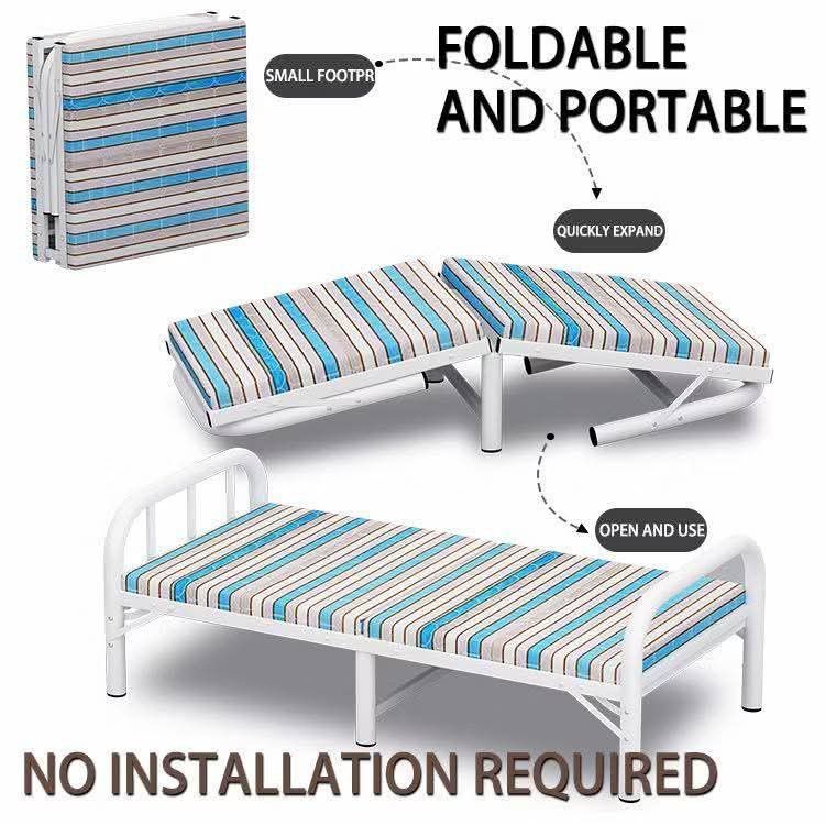 FOLDING BED (Category: Bed Frames & Mattresses) located in Manila. Submitted by haideshop (Listing ID 1423905812, Image 2). Description: Foldable single bed is perfect for small spaces. It's easy to set up and fold away for storage. The bed has a striped mattress and a sturdy white metal frame. It's portable and requires no installation. Dimensions are approximately 180cm long, 75cm wide, and 40cm high..