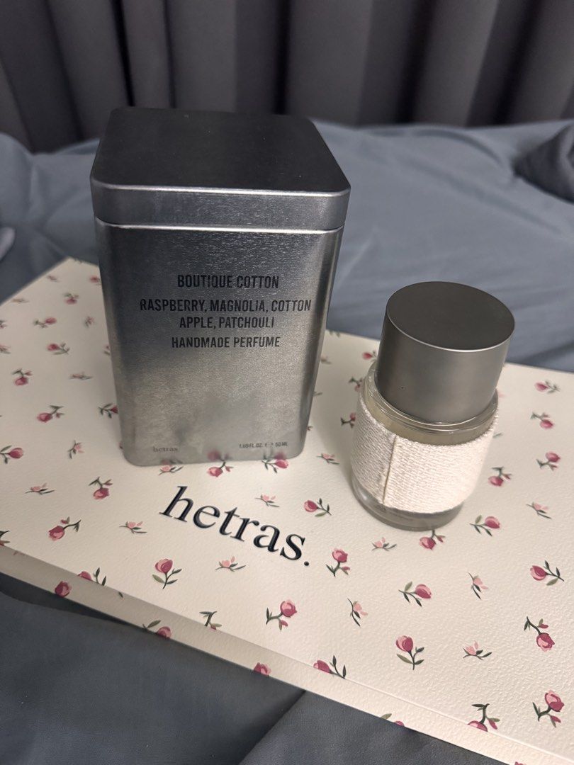 Hetras Boutique Cotton Handmade Perfume (Category: Fragrance & Deodorants) located in Pasig City. Submitted by thenchua (Listing ID 1423850507, Image 3). Description: Hetras Boutique Cotton Perfume 50ML bottle. Complete with paperbag. Sprayed only for testing. Realized its Not my scent after I went back from Korea. Bought it around 2,600 pesos..