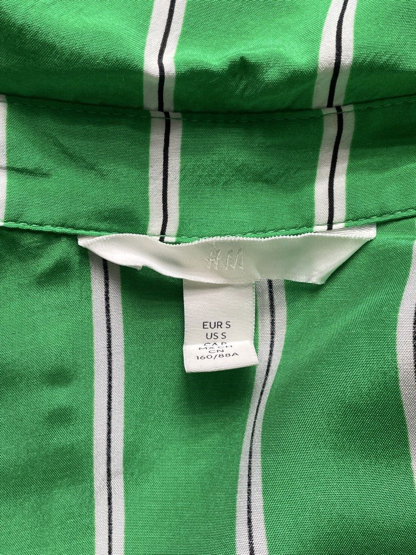 H&M Green Striped Shirt (Category: Shirts) located in Paranaque City. Submitted by beamiscellaneous (Listing ID 1423852335, Image 2). Description: H&M striped shirt. EUR S/US S/CN 160/88A. Collared, long sleeves, button-down. Lightweight. Worn twice. RFS: decluttering.