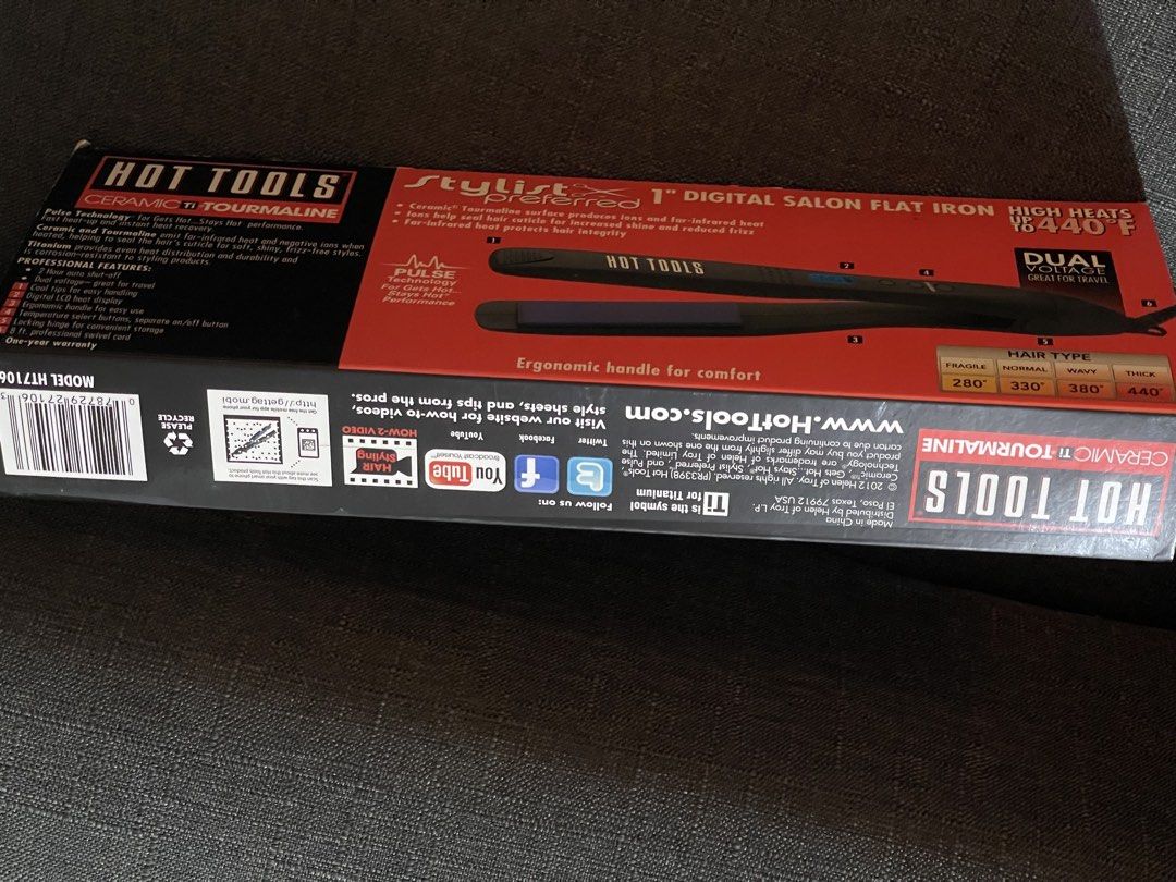 Hot Tools Stylist 1" Digital Salon Flat Iron (Category: Irons & Steamers) located in Bulacan. Submitted by akspreloved (Listing ID 1423818983, Image 2). Description: Hot Tools Stylist 1" Digital Salon Flat Iron. Features ceramic and tourmaline technology. It has a digital LCD heat display and dual voltage for travel. It heats up to 440°F. Includes an ergonomic handle for comfort and a professional swivel cord. It also has a 2-hour auto shut-off..