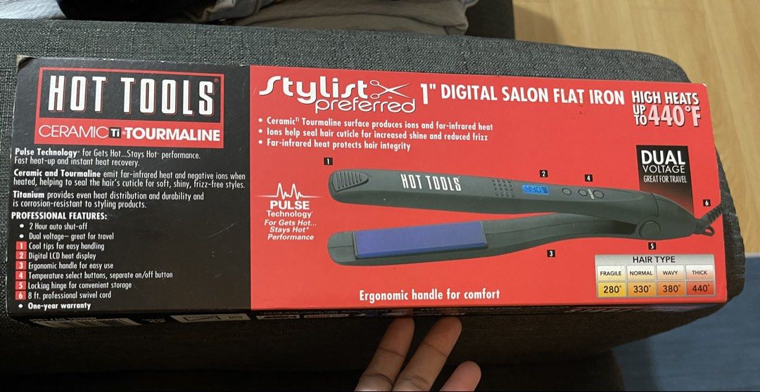 Hot Tools Stylist 1" Digital Salon Flat Iron (Category: Irons & Steamers) located in Bulacan. Submitted by akspreloved (Listing ID 1423818983, Image 1). Description: Hot Tools Stylist 1" Digital Salon Flat Iron. Features ceramic and tourmaline technology. It has a digital LCD heat display and dual voltage for travel. It heats up to 440°F. Includes an ergonomic handle for comfort and a professional swivel cord. It also has a 2-hour auto shut-off..