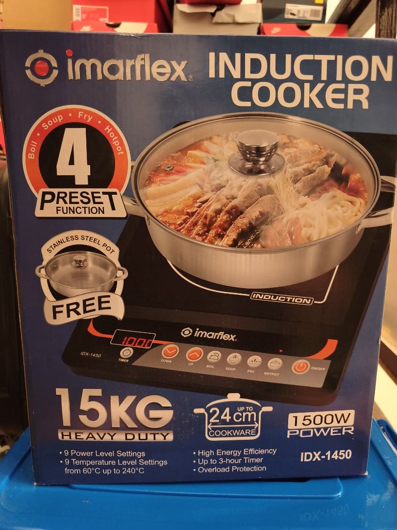 Imarflex Induction Cooker IDX-1450 (Category: Cookers) located in Mandaluyong City. Submitted by queenreyna (Listing ID 1423798746, Image 1). Description: Imarflex Induction Cooker with 4 preset functions. It has a stainless steel pot included. Features 9 power level settings and 9 temperature level settings from 60°C up to 240°C. It has a 3-hour timer and overload protection. The cooker is 1500W and can accommodate 24cm cookware..
