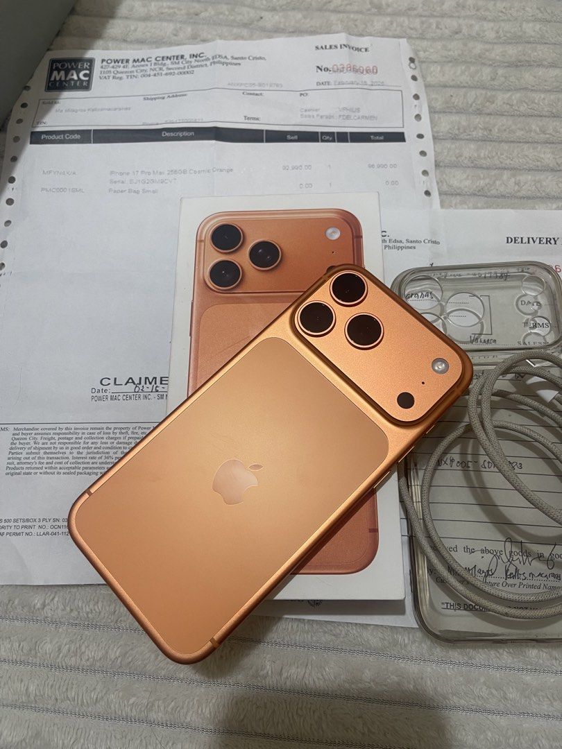 iPhone 17 Pro Max 256gb 3weeks old PowerMac (Category: iPhone 17 Series) located in Taguig. Submitted by kurtsmithc (Listing ID 1423907930, Image 3). Description: iPhone 17 Pro Max 256gb Cosmic Orange For Sale or For Swap Factory Unlocked Silver Openline / Anysim NTC Approved PowerMac Purchased! February 2026 Purchased 4X/A Variant (Local Variant) True Tone Working Face ID Working 100% Battery Health 9cc (as of now, bcs I’ve been using this as pe