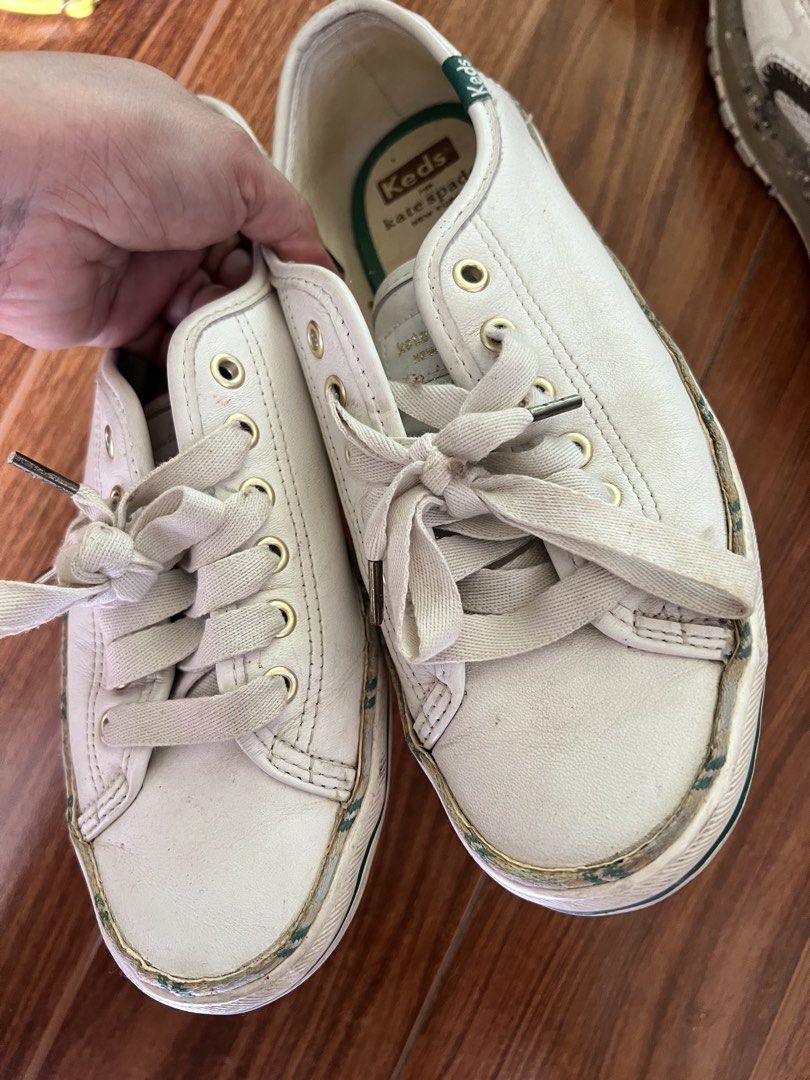 Keds for Kate Spade White Sneakers (Category: Sneakers) located in Cabanatuan. Submitted by happythriftbyshidshin (Listing ID 1423819440, Image 2). Description: - Kate Spade collaboration Keds - White leather upper - Gold eyelets - Gold spade logo on heel - Keds for Kate Spade New York insole branding - Size: US 7, UK 4.5, EUR 37.5, CM 24 - Comes with laces.