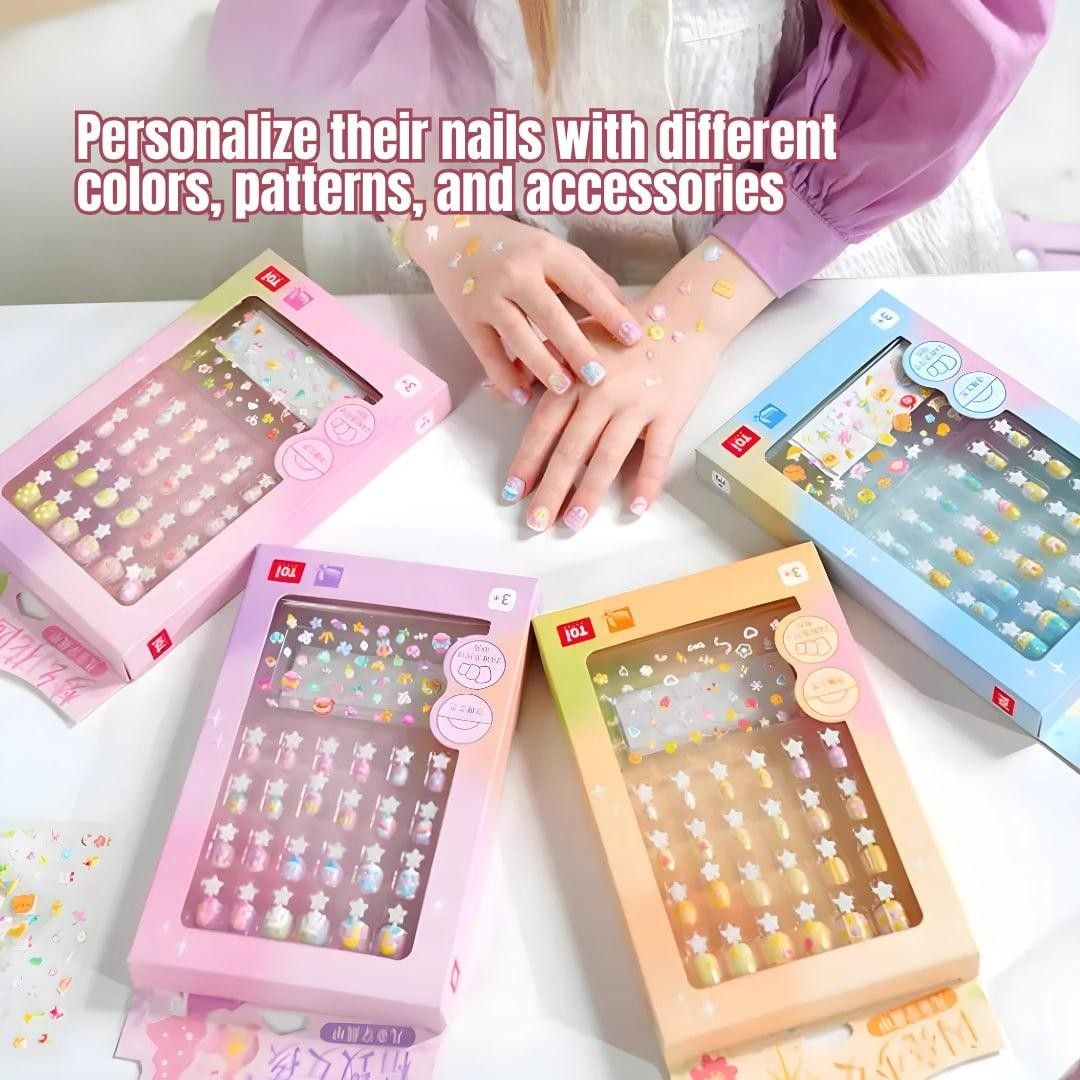 Kids' Fake Nails & Sticker Set (Category: Hands & Nails) located in Manila. Submitted by readnplay2020 (Listing ID 1423947891, Image 2). Description: - Kid-friendly nail sets! - Includes 24 multi-size nails and 45+ 3D stickers. - Easy to apply and remove. - Non-toxic and safe for kids. - Available colors: Pink, Purple, Blue, Yellow. - Perfect for creative nail designs!.