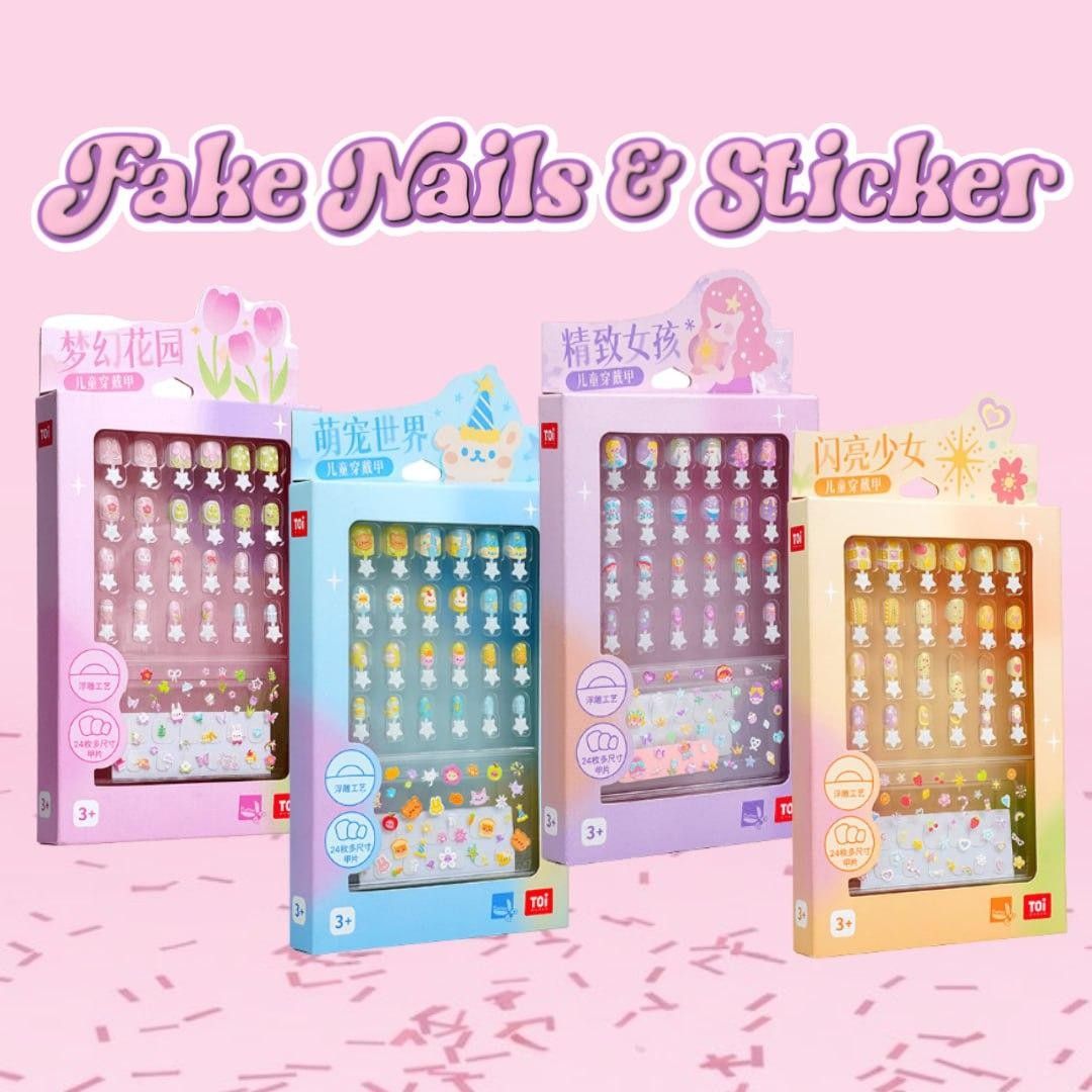 Kids' Fake Nails & Sticker Set (Category: Hands & Nails) located in Manila. Submitted by readnplay2020 (Listing ID 1423947891, Image 1). Description: - Kid-friendly nail sets! - Includes 24 multi-size nails and 45+ 3D stickers. - Easy to apply and remove. - Non-toxic and safe for kids. - Available colors: Pink, Purple, Blue, Yellow. - Perfect for creative nail designs!.