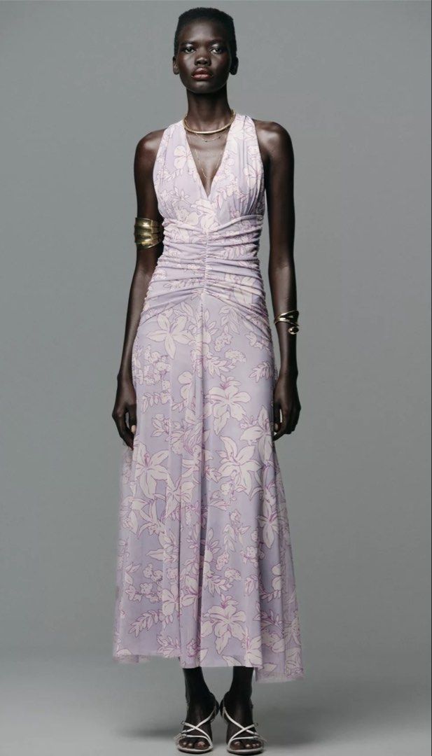 Zara Long Floral Halter Neck Tulle Dress, Women's Fashion, Dresses & Sets,  Dresses on Carousell