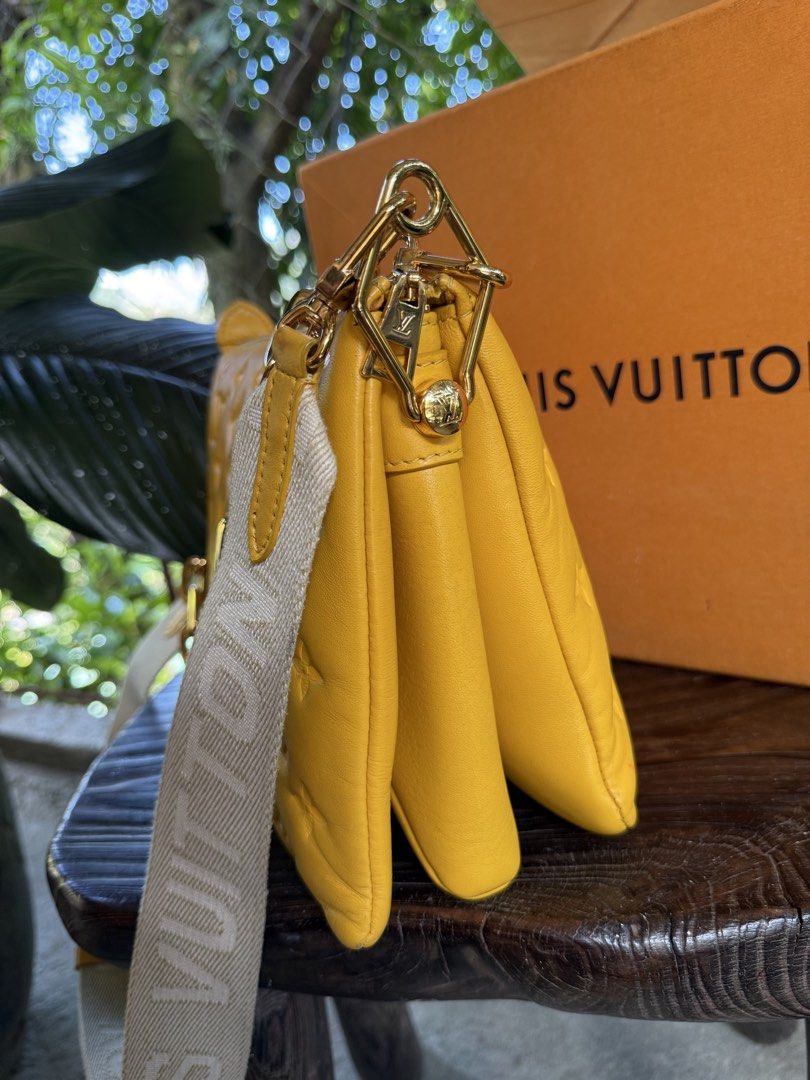 Louis Vuitton Coussin PM Yellow (Category: Luxury Bags & Wallets) located in Manila. Submitted by fivethousandlilies (Listing ID 1423968886, Image 2). Description: - Authentic Louis Vuitton Coussin PM handbag - Color: Yellow - Features: - Chain strap - Removable, adjustable strap with LV logo - Includes: Original box and booklet - Made in France - Design: Quilted with LV monogram - Condition: Minor wear on corners.