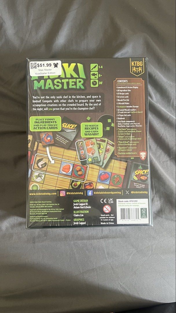 Maki Master Kickstarter Edition Board Game (Category: Board Games & Puzzles) located in Famy. Submitted by jayceh2 (Listing ID 1423914638, Image 2). Description: - Maki Master Kickstarter Edition board game! - Compete to create the best sushi. - Includes recipe cards and wooden tea cups. - For 1-4 players. - Plays in approximately 30 minutes. - Recommended for ages 8 and up..