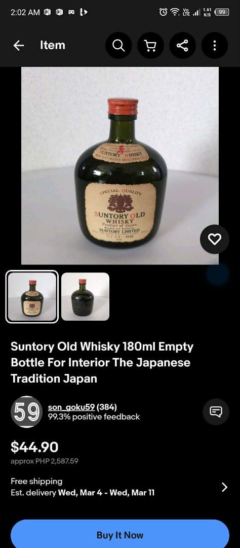 Rare Empty Suntory Old Whisky Bottle Collection (Category: Water Bottles & Tumblers) located in Manila. Submitted by youngcloud_b1fffa (Listing ID 1423958510, Image 2). Description: - Vintage Suntory Old Whisky bottle - Features Suntory logo and "Genuine Quality" label - Labeled "Very Rare Old Suntory Whisky Product of Japan" - Bottle is empty - Ideal for display or collection "R&B Mix Japan Surplus Items".