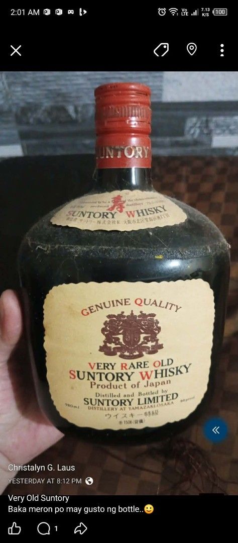 Rare Empty Suntory Old Whisky Bottle Collection (Category: Water Bottles & Tumblers) located in Manila. Submitted by youngcloud_b1fffa (Listing ID 1423958510, Image 1). Description: - Vintage Suntory Old Whisky bottle - Features Suntory logo and "Genuine Quality" label - Labeled "Very Rare Old Suntory Whisky Product of Japan" - Bottle is empty - Ideal for display or collection "R&B Mix Japan Surplus Items".