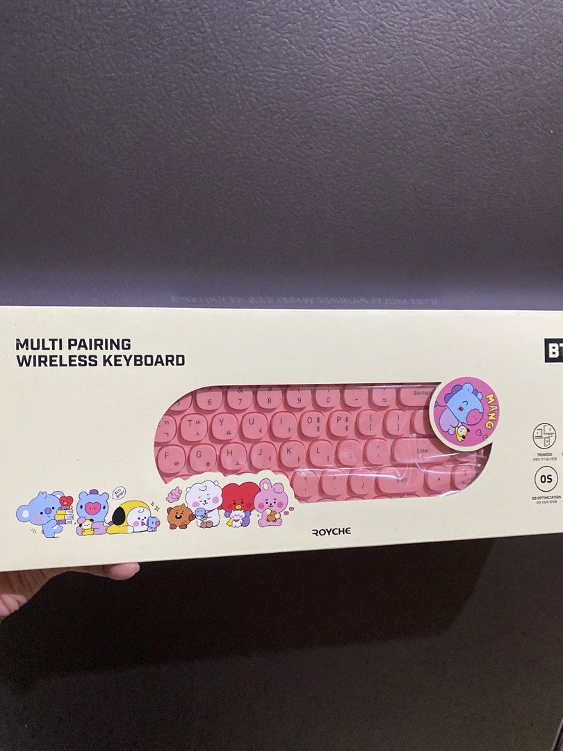 Royche BT21 Mang Multi Pairing Wireless Keyboard (Category: Computer Keyboard) located in Calamba. Submitted by page_areumone1 (Listing ID 1423821377, Image 1). Description: - Royche BT21 Wireless Keyboard - Pink color - Compact design - Wireless connectivity - Multi-pairing capability - Unique round key design.