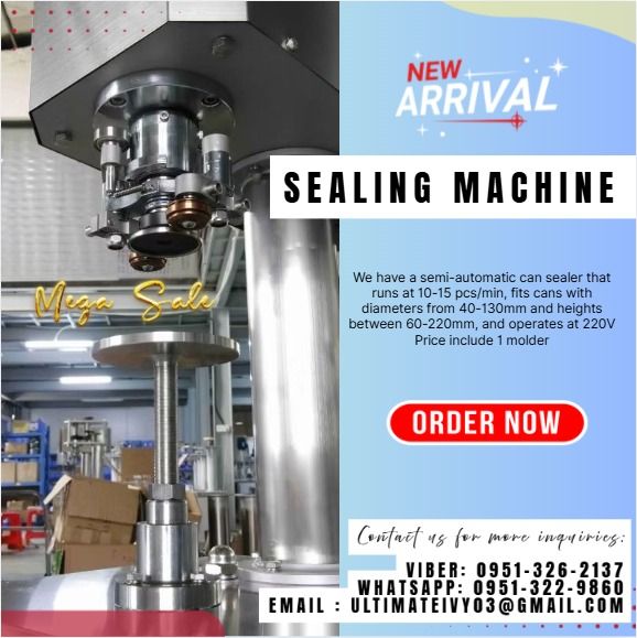 Semi-auto Cans Sealing Machine with 1 Moulder (Category: Everything Else Others) located in Caloocan City. Submitted by jayvanntag48794 (Listing ID 1423853648, Image 1). Description: We have a semi-automatic can sealer that runs at 10-15 pcs/min, fits cans with diameters from 40-130mm and heights between 60-220mm, and operates at 220V Price include 1 molder Add Extra Molder - 6,000 .