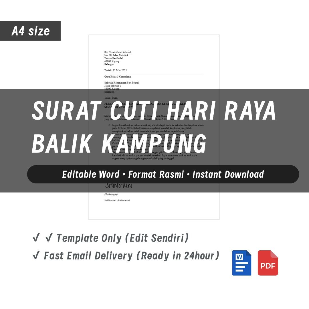 Surat Cuti Sekolah Hari Raya Balik Kampung Editable | Format Rasmi Word ...