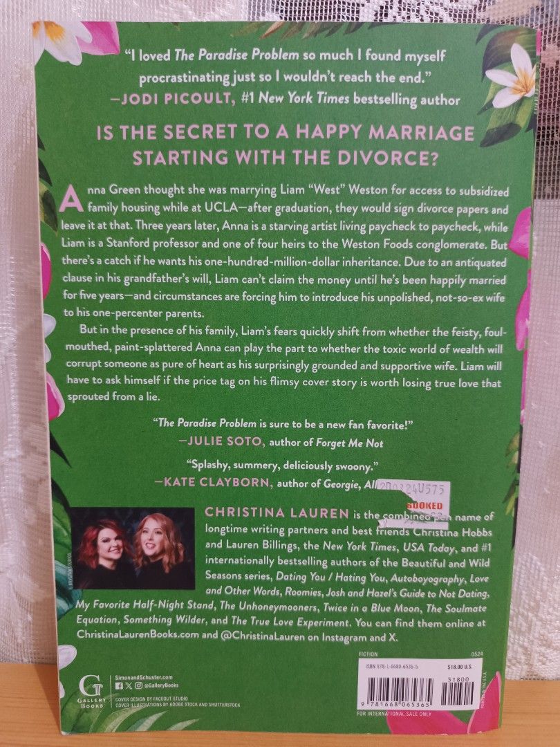 The Paradise Problem by Christina Lauren (Category: Storybooks) located in Balanga. Submitted by bookandbuildph (Listing ID 1423826982, Image 2). Description: The Paradise Problem by Christina Lauren Format: Paperback Condition: Very good, no highlights, minimal tanning Price: ₱500.