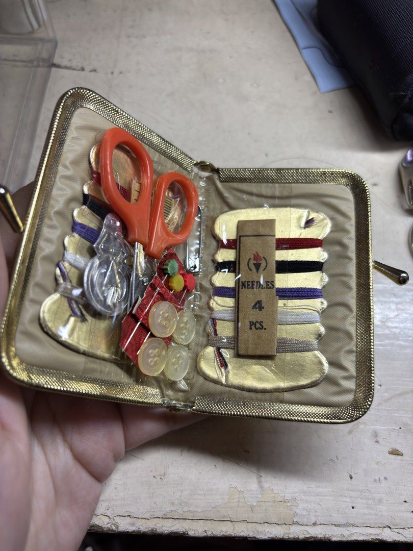 Vintage Gold Mesh Sewing Kit (Category: Craft Supplies & Tools) located in Caloocan City. Submitted by anikshop (Listing ID 1423948628, Image 3). Description: - Vintage sewing kit gold mesh exterior Includes: scissors, needles, thread spools, buttons Compact and stylish.