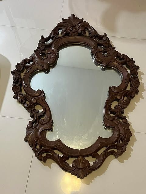 VINTAGE Solid Narra Ornate Mirror/Wall Console Set (Category: Tables & Sets) located in Pasig City. Submitted by hodgepodgeecoshop (Listing ID 1418320805, Image 2). Description: Hand-carved solid narra wood set (vanity mirror and wall mount wood table, console table, dresser), vintage in Victorian/Baroque style, perfect for an entryway or hallway. Material: 100% Solid Narra Wood (high quality, heavy, and durable) Mirror: 38"H x 28"W Console Table