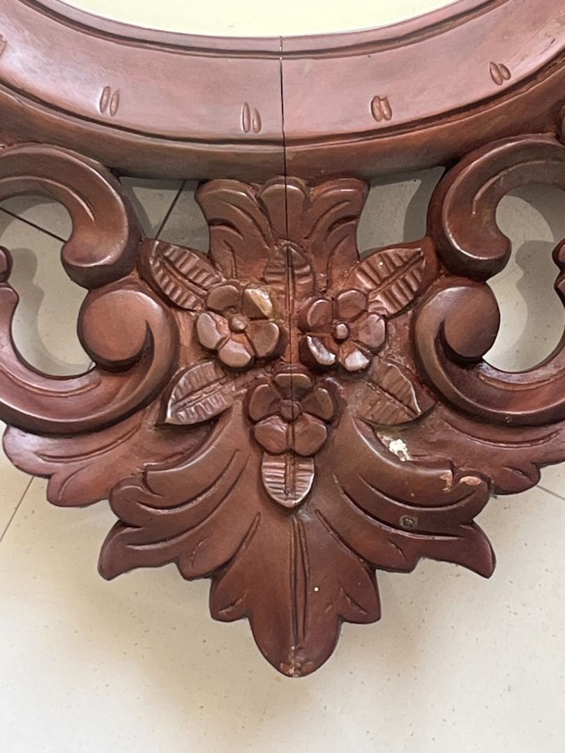 VINTAGE Solid Narra Ornate Mirror/Wall Console Set (Category: Tables & Sets) located in Pasig City. Submitted by hodgepodgeecoshop (Listing ID 1418320805, Image 3). Description: Hand-carved solid narra wood set (vanity mirror and wall mount wood table, console table, dresser), vintage in Victorian/Baroque style, perfect for an entryway or hallway. Material: 100% Solid Narra Wood (high quality, heavy, and durable) Mirror: 38"H x 28"W Console Table