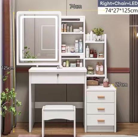 White Vanity Table with LED Mirror and Stool (Category: Tables & Sets) located in Manila. Submitted by dolorchris69891 (Listing ID 1423857066, Image 1). Description: - White vanity table with LED mirror and matching stool - Multiple shelves and three drawers for storage Vanity mirror MALAKI YAN SA PERSONA38. TOUCHSCREEN NA D WITH LED LIGHts.