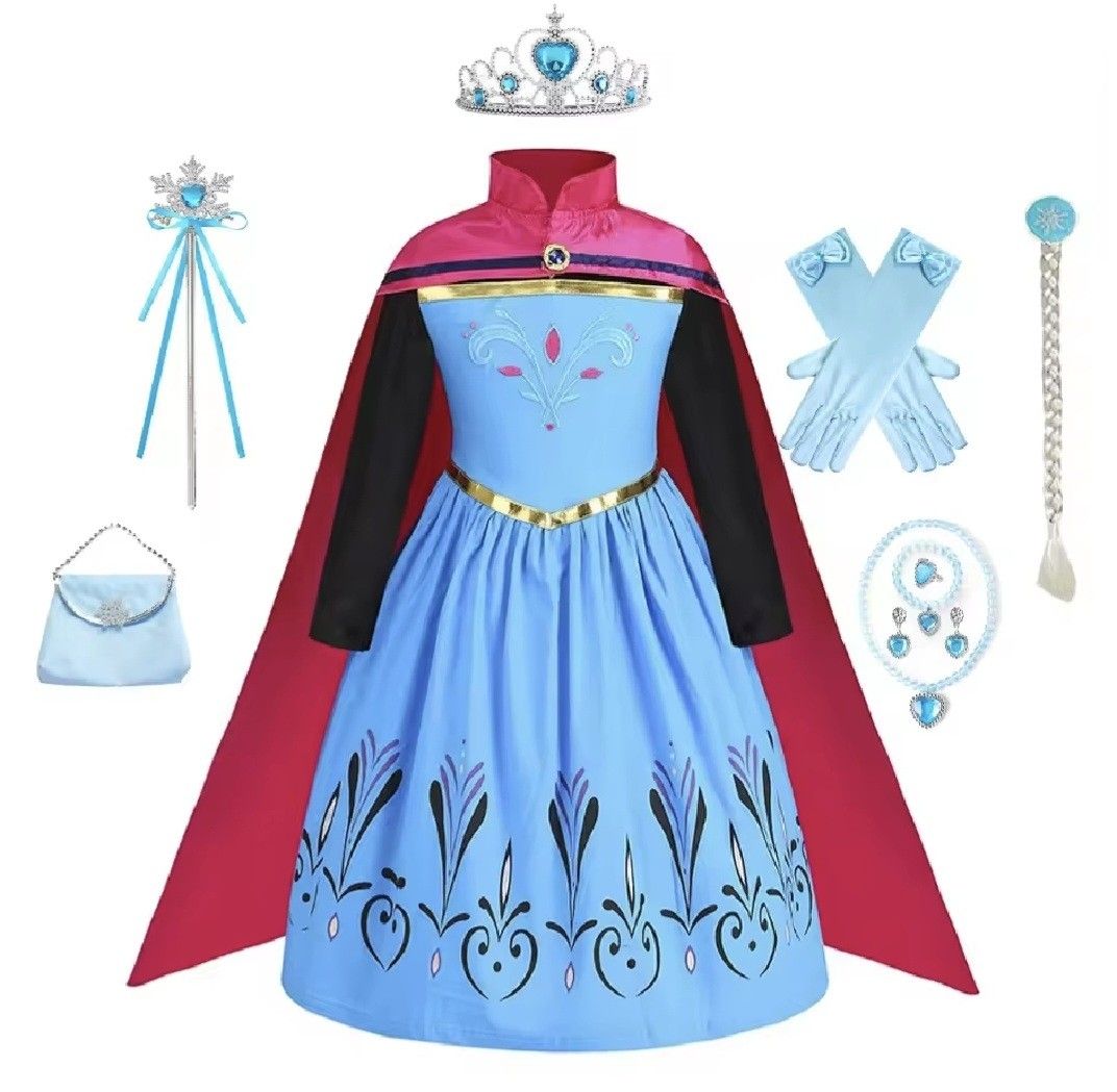 Anna Frozen Dress with Accessories (Category: Babies & Kids Fashion) located in Antipolo. Submitted by CharliesBox (Listing ID 1419416732, Image 1). Description: - Complete Anna Frozen dress set! - Includes: Dress, cape, crown, wand, gloves, necklace, earrings, purse, and hair accessory. - Dress features: Blue with black sleeves, pink cape, gold trim, and floral designs. - Perfect for dress-up play or themed parties!.