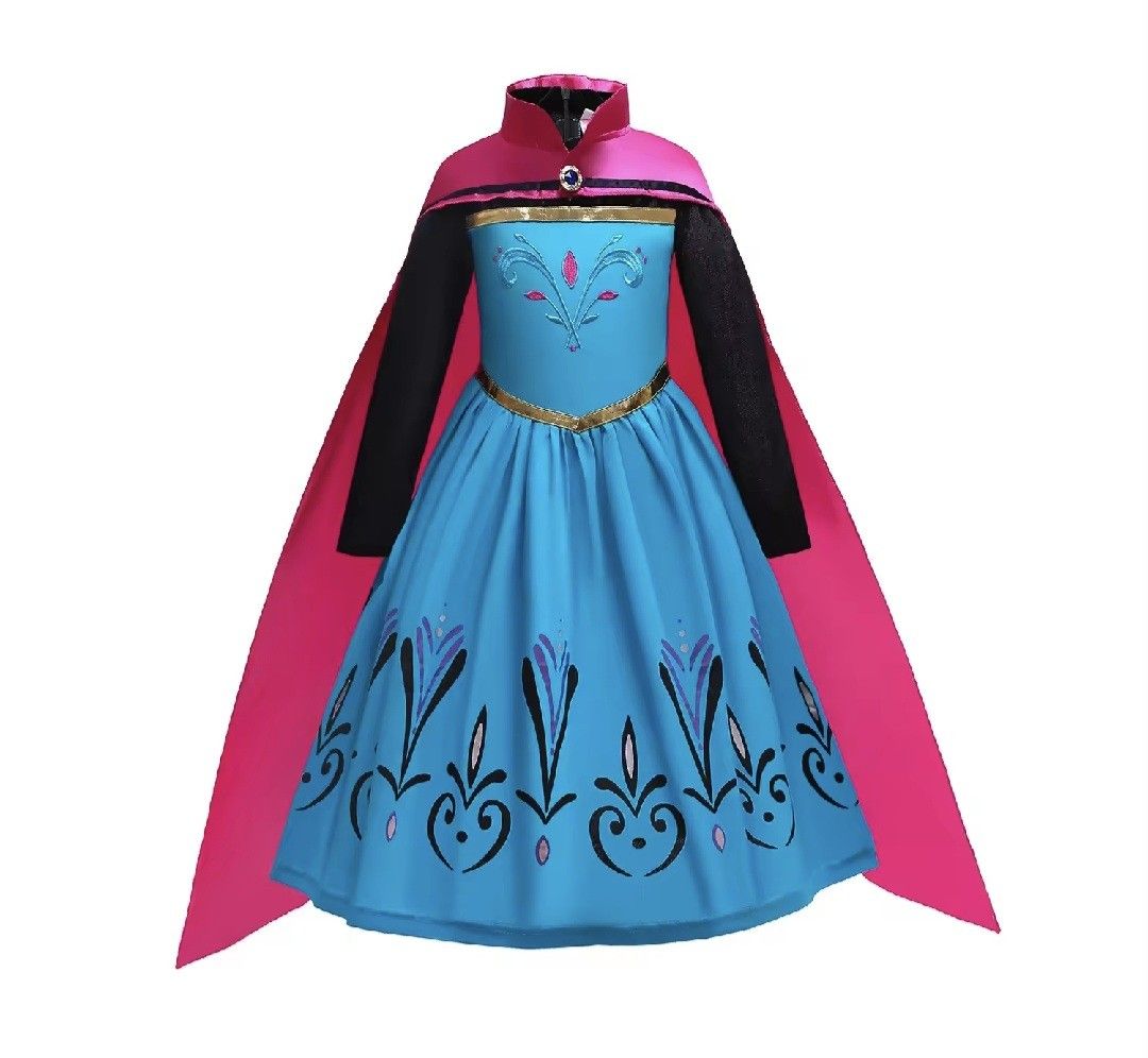 Anna Frozen Dress with Accessories (Category: Babies & Kids Fashion) located in Antipolo. Submitted by CharliesBox (Listing ID 1419416732, Image 2). Description: - Complete Anna Frozen dress set! - Includes: Dress, cape, crown, wand, gloves, necklace, earrings, purse, and hair accessory. - Dress features: Blue with black sleeves, pink cape, gold trim, and floral designs. - Perfect for dress-up play or themed parties!.