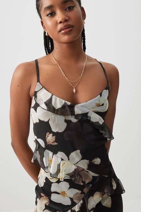 Ardene Floral Ruffle Dress (Category: Dresses) located in Iloilo. Submitted by geybrieeeel (Listing ID 1419498273, Image 2). Description: Dress features a beautiful floral print with a black base and white and brown flowers. It has a layered ruffle design and spaghetti straps. The dress is from Ardene and is size XS. 📌 Used once only .