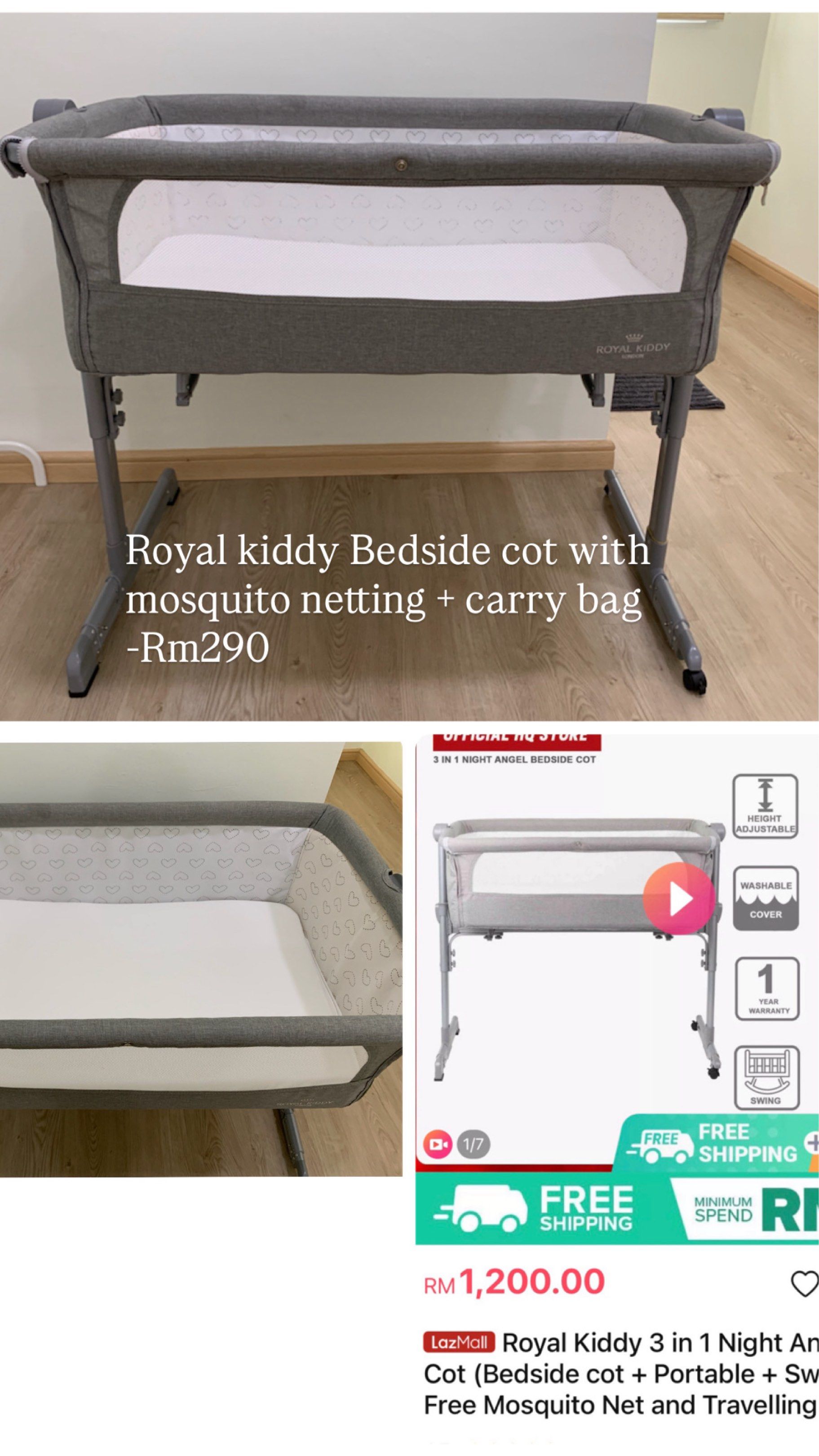 Bedside cot (Category: Cots & Cribs) located in Kuala Lumpur. Submitted by keolychong45 (Listing ID 1419518191, Image 1). Description: Spare cot at 2nd home Like new Comes with carry bag and mosquito netting.