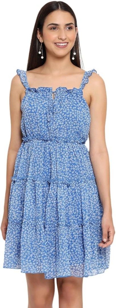 Blue Floral Tiered Dress (Category: Dresses) located in Batangas. Submitted by yanaspreloved2 (Listing ID 1419494511, Image 3). Description: - Blue floral print - Tiered design - Square neckline with ruffle straps - Fitted waist - Flowy mini skirt - Ideal for casual or summer occasions.